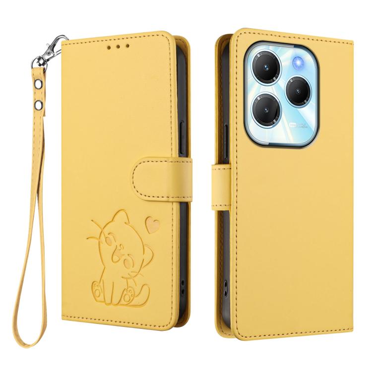 For Infinix Hot 40 4G / 40 Pro 4G Embossed Heart Cat Leather Phone Case with Hand Strap