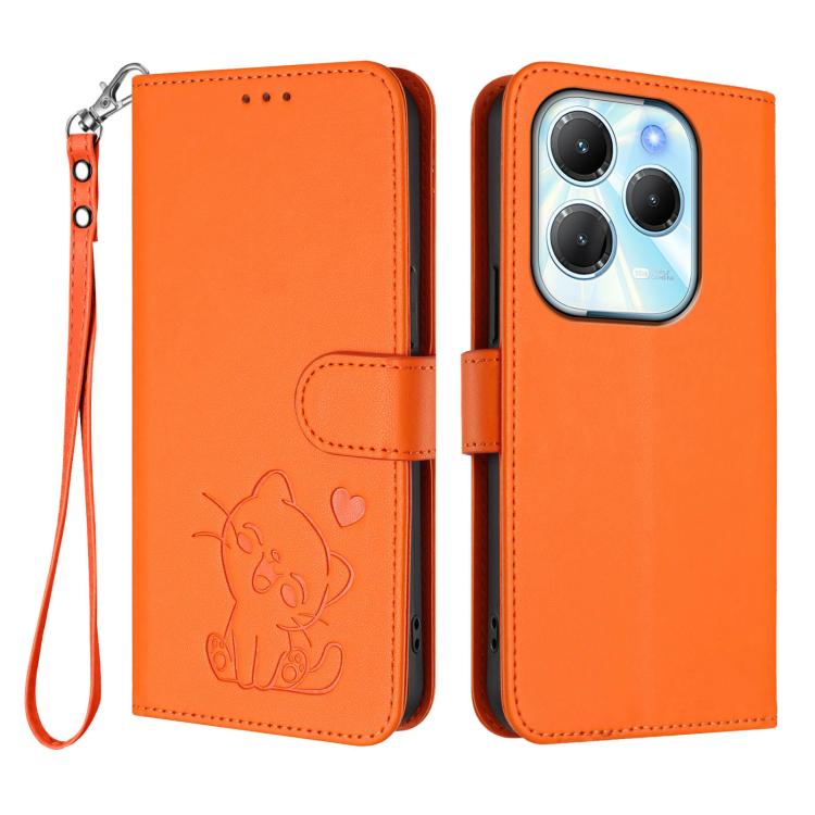 For Infinix Hot 40 4G / 40 Pro 4G Embossed Heart Cat Leather Phone Case with Hand Strap