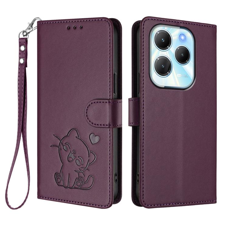 For Infinix Hot 40 4G / 40 Pro 4G Embossed Heart Cat Leather Phone Case with Hand Strap