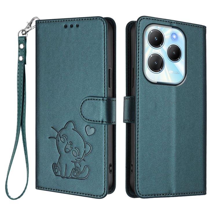 For Infinix Hot 40 4G / 40 Pro 4G Embossed Heart Cat Leather Phone Case with Hand Strap