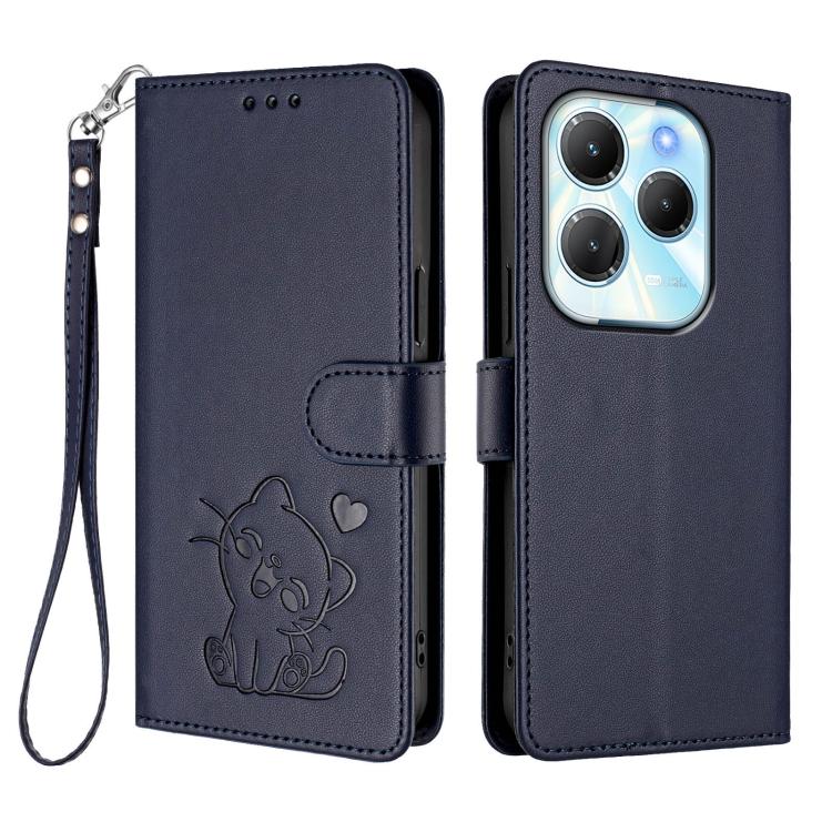 For Infinix Hot 40 4G / 40 Pro 4G Embossed Heart Cat Leather Phone Case with Hand Strap