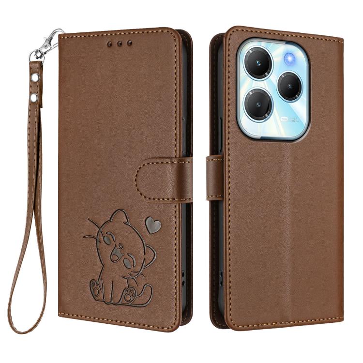 For Infinix Hot 40 4G / 40 Pro 4G Embossed Heart Cat Leather Phone Case with Hand Strap