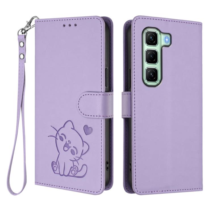 For Infinix Hot 50 4G Embossed Heart Cat Leather Phone Case with Hand Strap