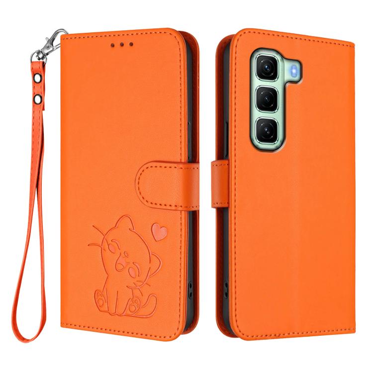 For Infinix Hot 50 4G Embossed Heart Cat Leather Phone Case with Hand Strap