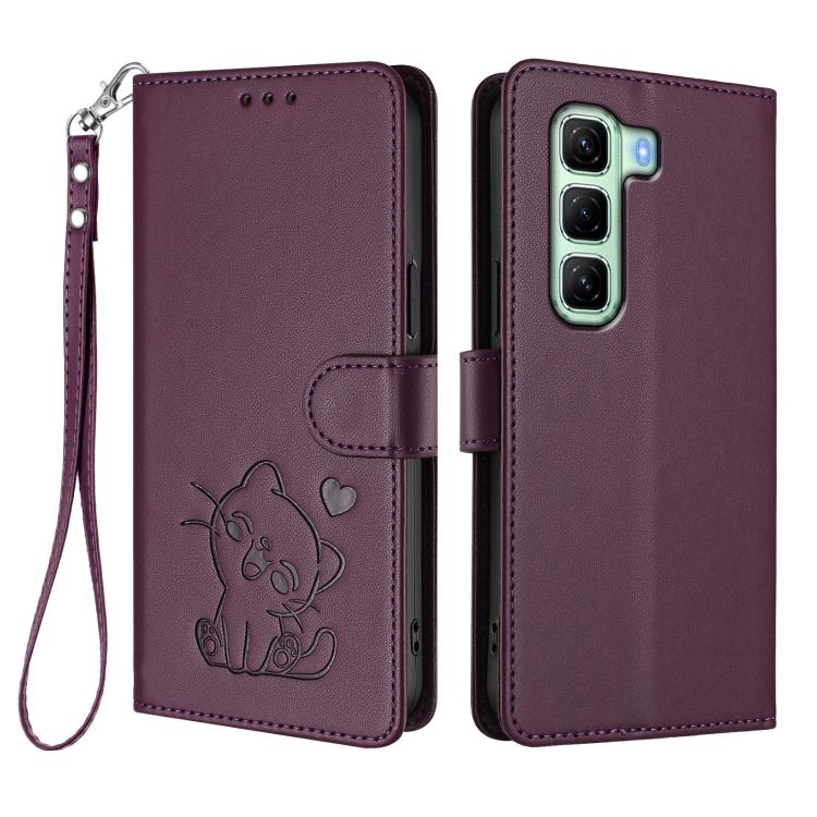 For Infinix Hot 50 4G Embossed Heart Cat Leather Phone Case with Hand Strap