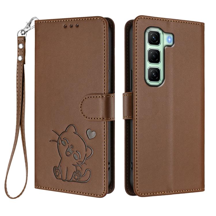 For Infinix Hot 50 4G Embossed Heart Cat Leather Phone Case with Hand Strap
