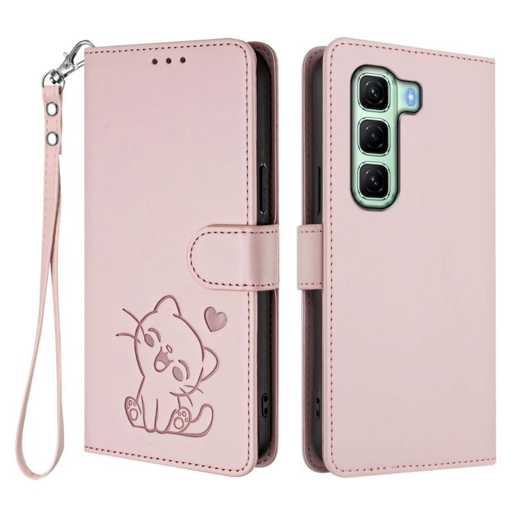 For Infinix Hot 50 5G Embossed Heart Cat Leather Phone Case with Hand Strap