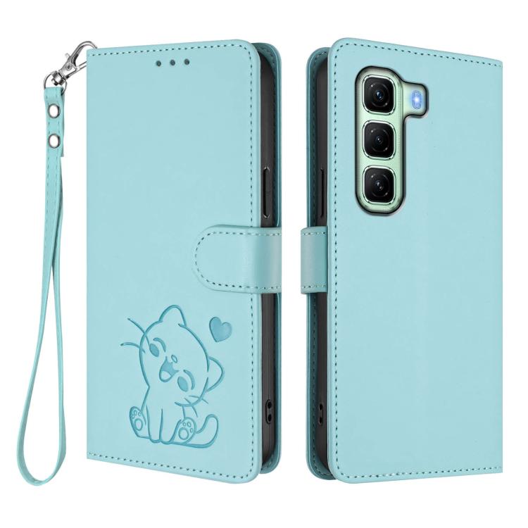For Infinix Hot 50 5G Embossed Heart Cat Leather Phone Case with Hand Strap