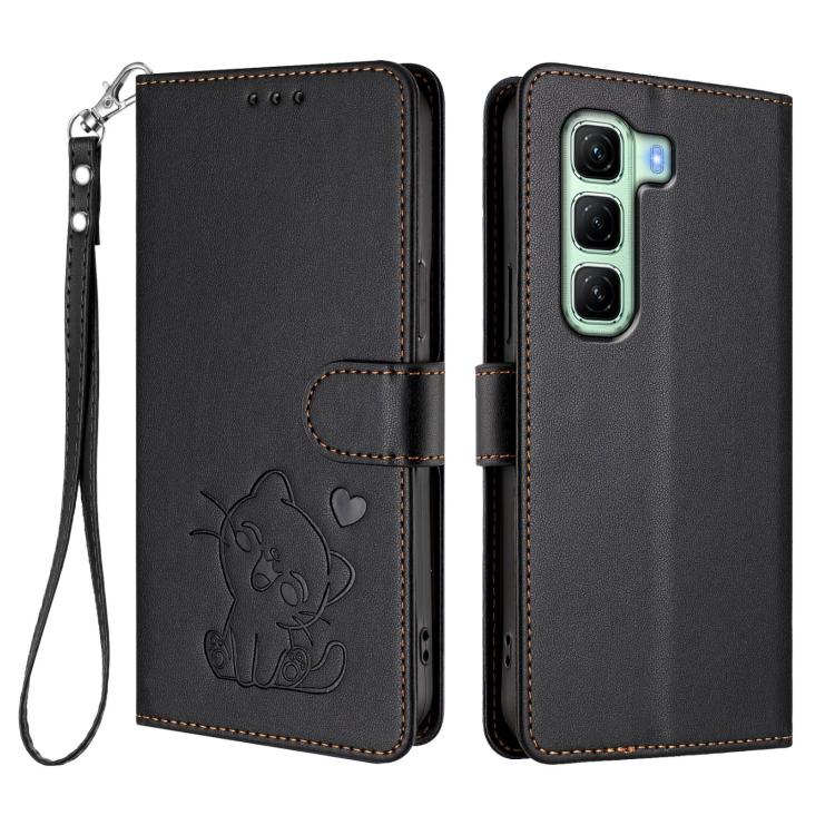 For Infinix Hot 50 5G Embossed Heart Cat Leather Phone Case with Hand Strap