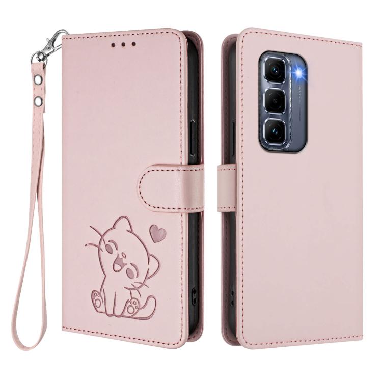 For Infinix Hot 50 Pro+ 4G Embossed Heart Cat Leather Phone Case with Hand Strap