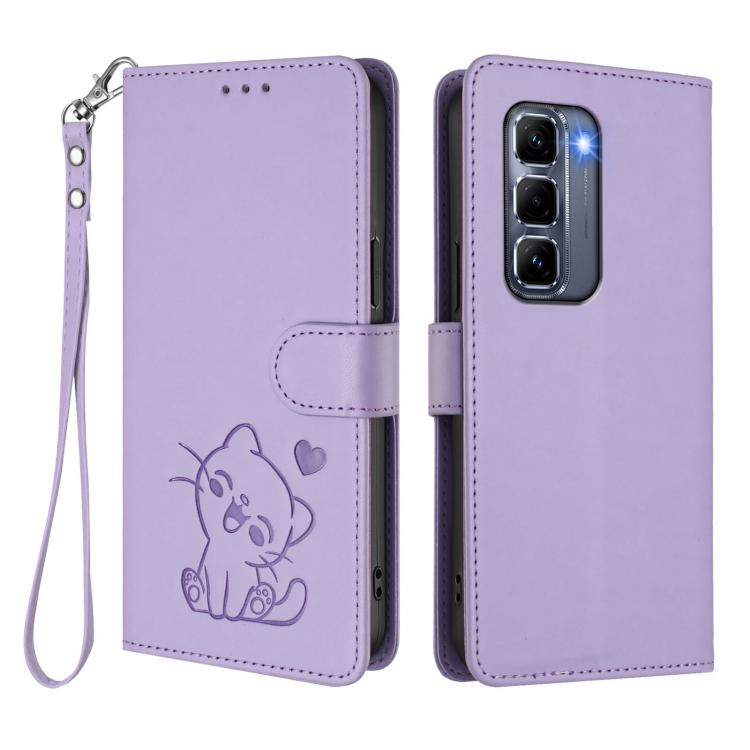 For Infinix Hot 50 Pro+ 4G Embossed Heart Cat Leather Phone Case with Hand Strap