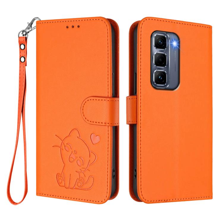 For Infinix Hot 50 Pro+ 4G Embossed Heart Cat Leather Phone Case with Hand Strap