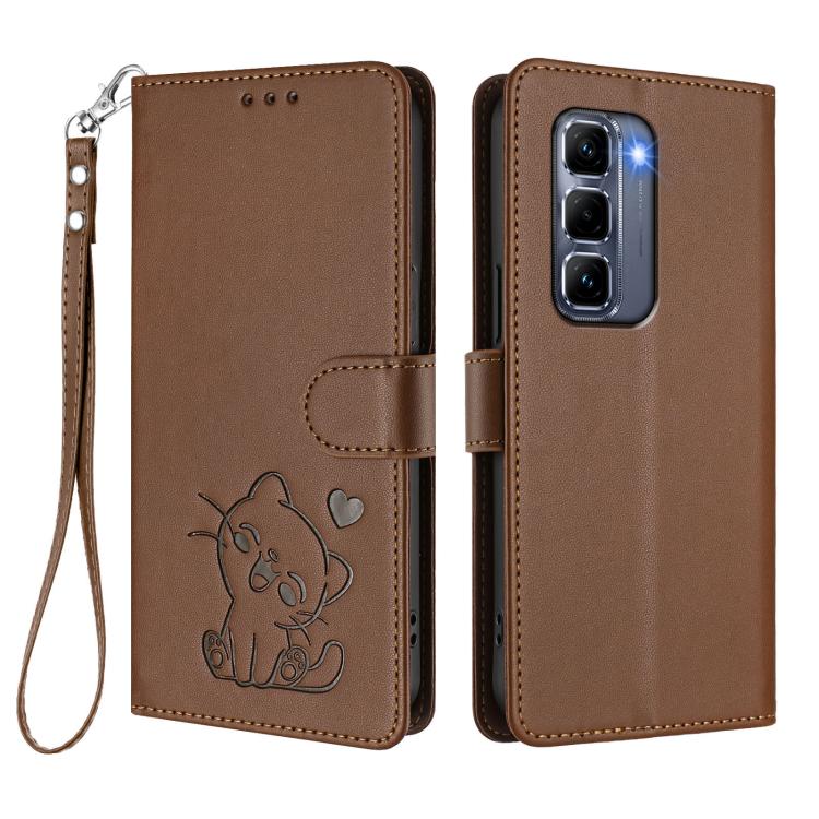 For Infinix Hot 50 Pro+ 4G Embossed Heart Cat Leather Phone Case with Hand Strap