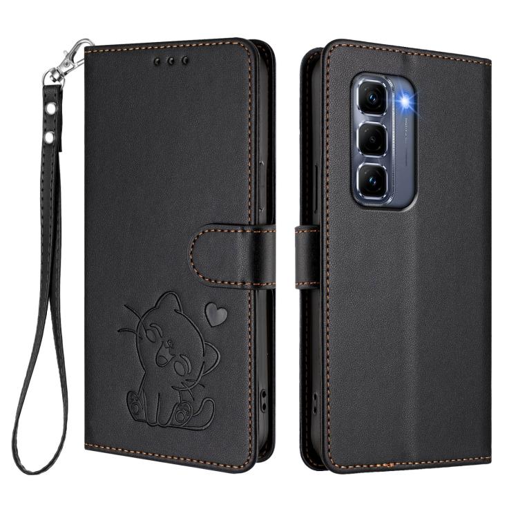 For Infinix Hot 50 Pro+ 4G Embossed Heart Cat Leather Phone Case with Hand Strap