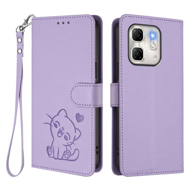 For Infinix Hot 50i 4G / Smart 9 4G Embossed Heart Cat Leather Phone Case with Hand Strap