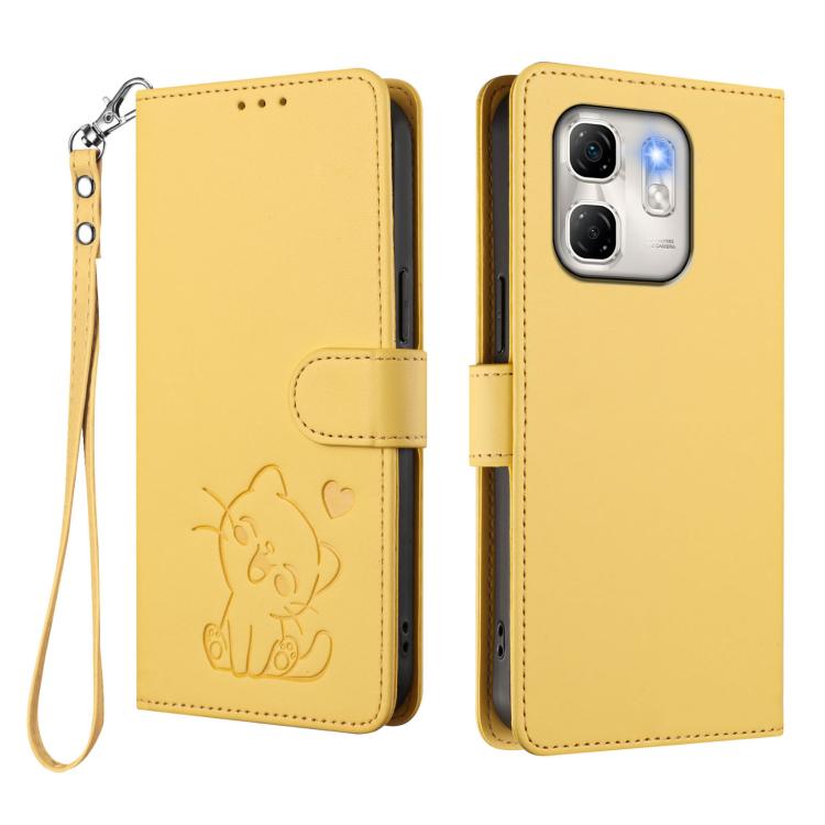 For Infinix Hot 50i 4G / Smart 9 4G Embossed Heart Cat Leather Phone Case with Hand Strap