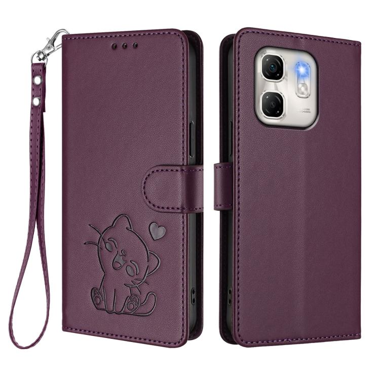 For Infinix Hot 50i 4G / Smart 9 4G Embossed Heart Cat Leather Phone Case with Hand Strap