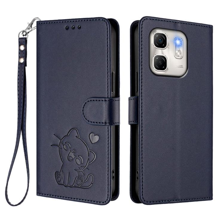 For Infinix Hot 50i 4G / Smart 9 4G Embossed Heart Cat Leather Phone Case with Hand Strap