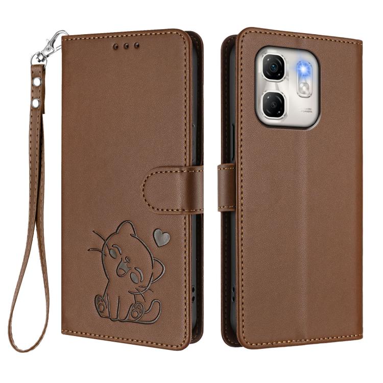 For Infinix Hot 50i 4G / Smart 9 4G Embossed Heart Cat Leather Phone Case with Hand Strap