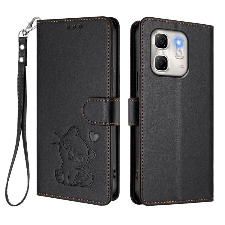 For Infinix Hot 50i 4G / Smart 9 4G Embossed Heart Cat Leather Phone Case with Hand Strap