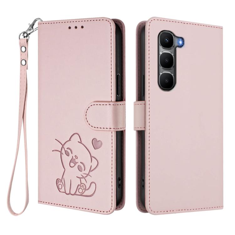 For Infinix Hot 60 4G / 60i 4G Embossed Heart Cat Leather Phone Case with Hand Strap