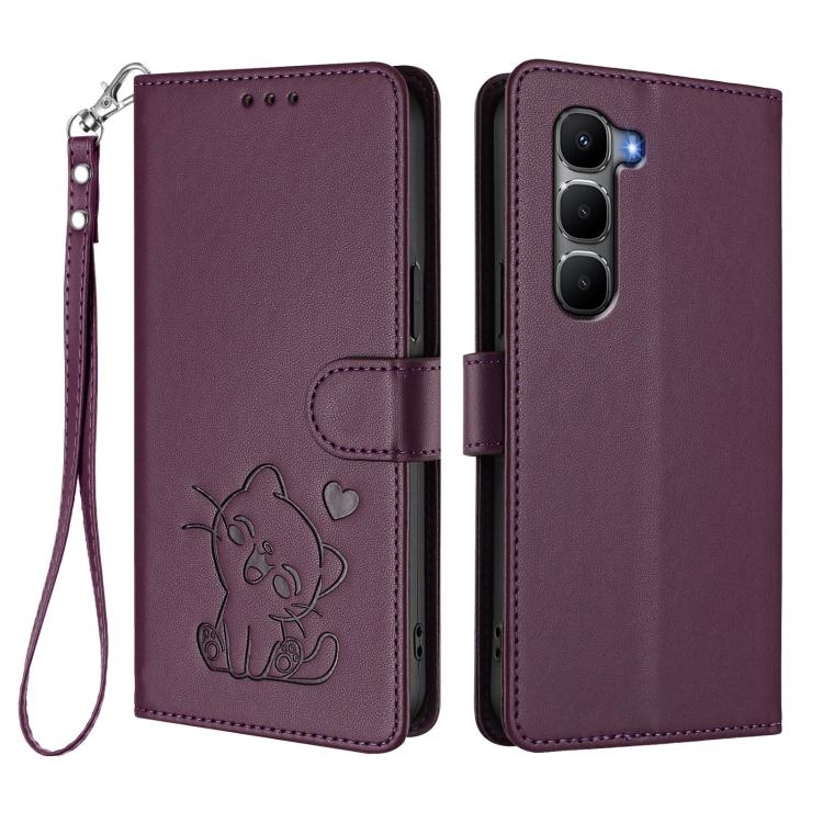 For Infinix Hot 60 4G / 60i 4G Embossed Heart Cat Leather Phone Case with Hand Strap