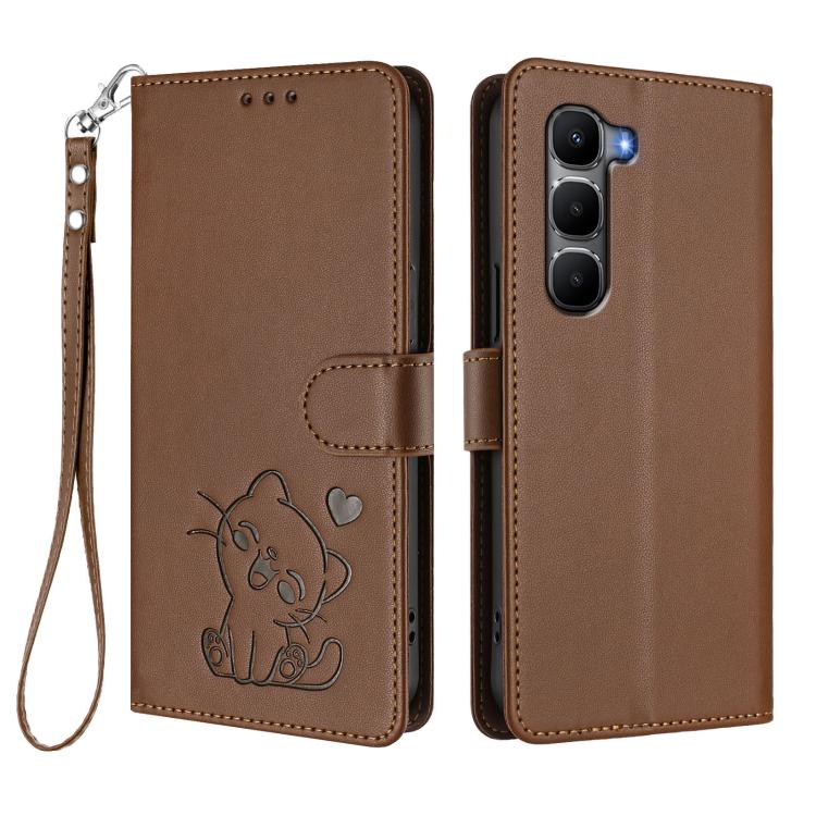 For Infinix Hot 60 4G / 60i 4G Embossed Heart Cat Leather Phone Case with Hand Strap
