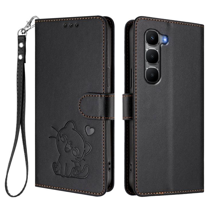 For Infinix Hot 60 4G / 60i 4G Embossed Heart Cat Leather Phone Case with Hand Strap