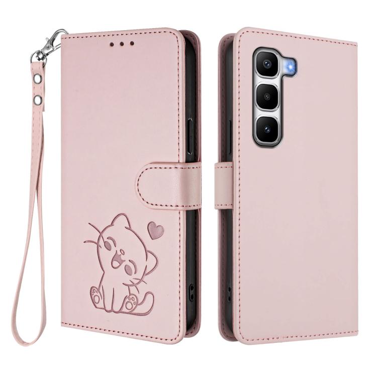 For Infinix Hot 60 Pro+ 4G Embossed Heart Cat Leather Phone Case with Hand Strap