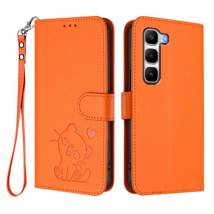 For Infinix Hot 60 Pro+ 4G Embossed Heart Cat Leather Phone Case with Hand Strap