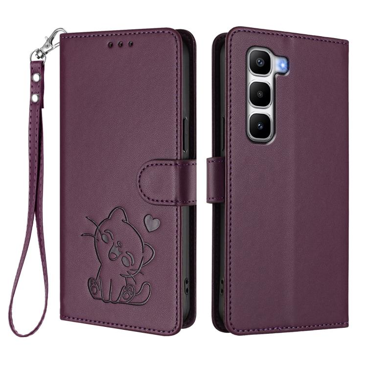 For Infinix Hot 60 Pro+ 4G Embossed Heart Cat Leather Phone Case with Hand Strap