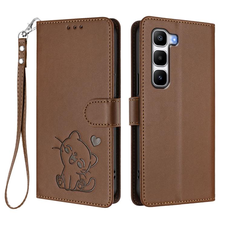 For Infinix Hot 60 Pro+ 4G Embossed Heart Cat Leather Phone Case with Hand Strap