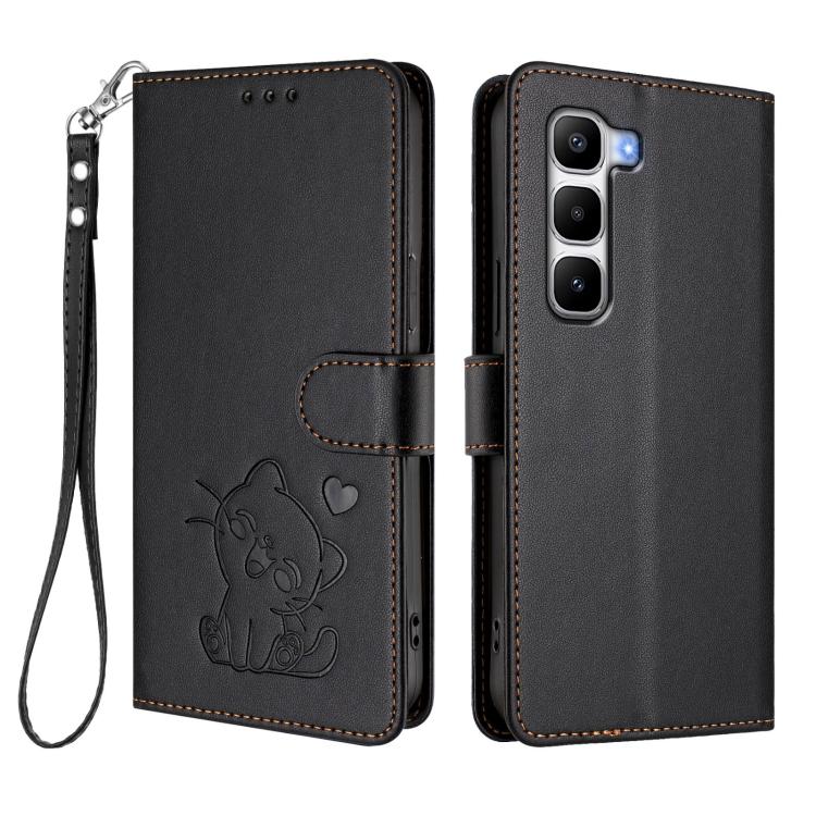 For Infinix Hot 60 Pro+ 4G Embossed Heart Cat Leather Phone Case with Hand Strap