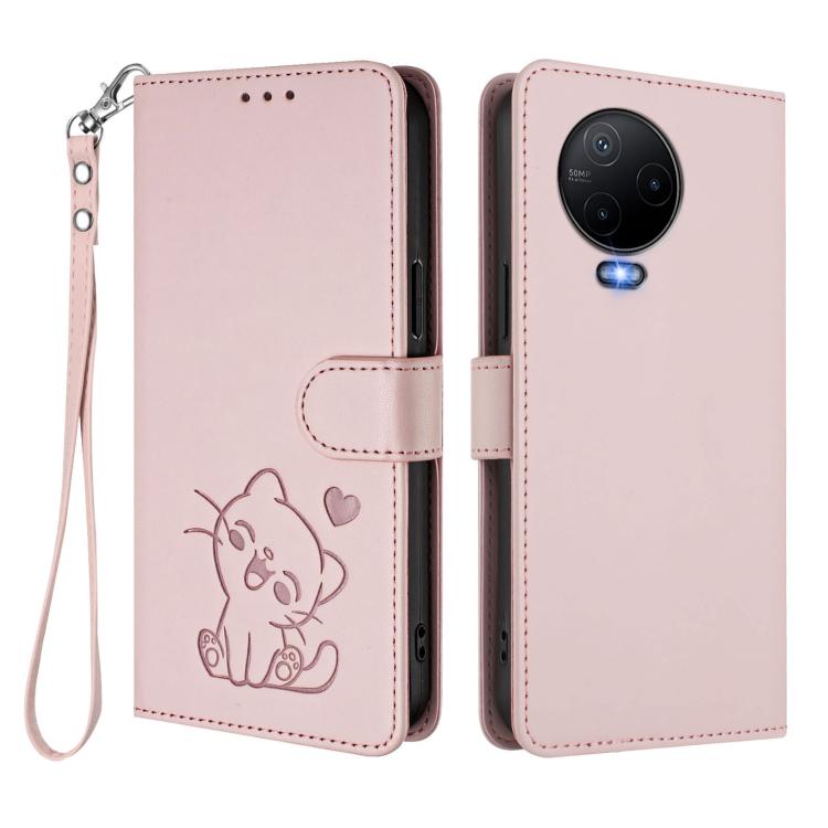 For Infinix Note 12 2023 / 12 Pro 4G Embossed Heart Cat Leather Phone Case with Hand Strap