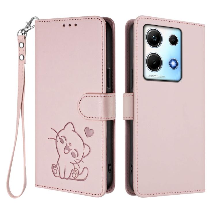 For Infinix Note 30 4G / 5G Embossed Heart Cat Leather Phone Case with Hand Strap