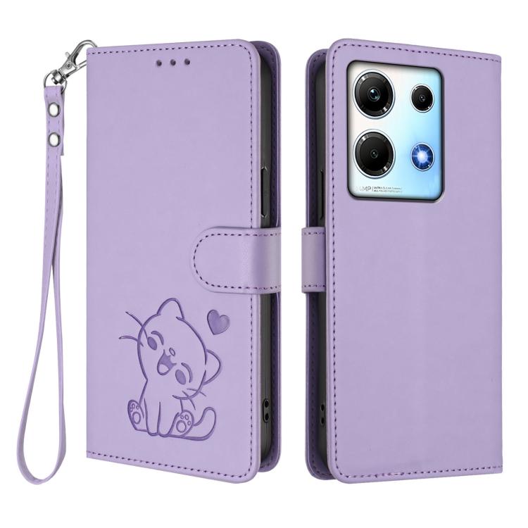 For Infinix Note 30 4G / 5G Embossed Heart Cat Leather Phone Case with Hand Strap