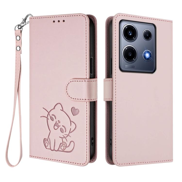 For Infinix Note 30 VIP Embossed Heart Cat Leather Phone Case with Hand Strap
