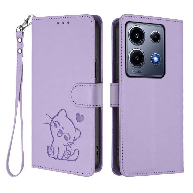 For Infinix Note 30 VIP Embossed Heart Cat Leather Phone Case with Hand Strap