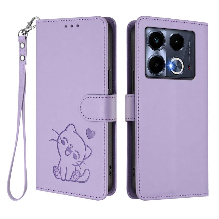 For Infinix Note 40 4G Embossed Heart Cat Leather Phone Case with Hand Strap