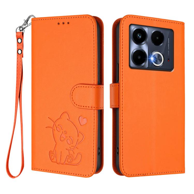 For Infinix Note 40 4G Embossed Heart Cat Leather Phone Case with Hand Strap