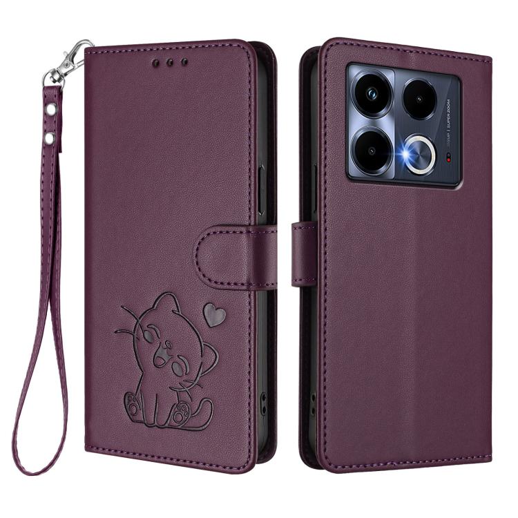 For Infinix Note 40 4G Embossed Heart Cat Leather Phone Case with Hand Strap