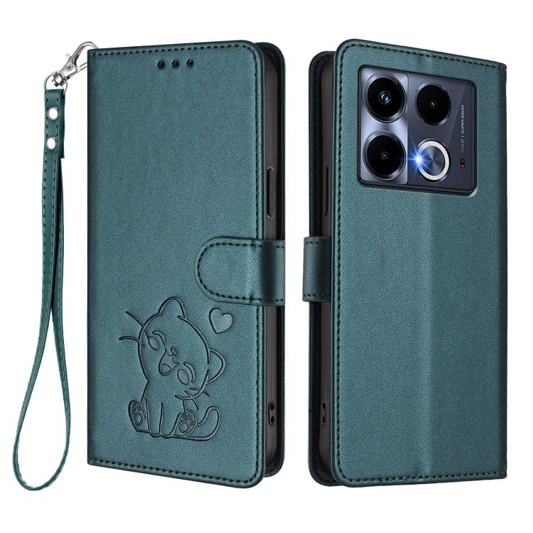 For Infinix Note 40 4G Embossed Heart Cat Leather Phone Case with Hand Strap