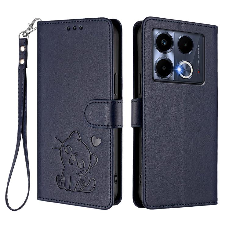 For Infinix Note 40 4G Embossed Heart Cat Leather Phone Case with Hand Strap