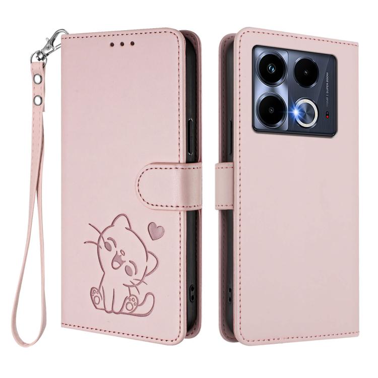 For Infinix Note 40 5G Embossed Heart Cat Leather Phone Case with Hand Strap