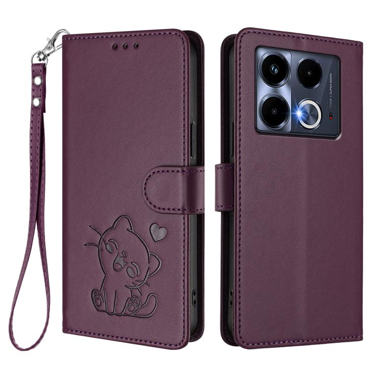 For Infinix Note 40 5G Embossed Heart Cat Leather Phone Case with Hand Strap