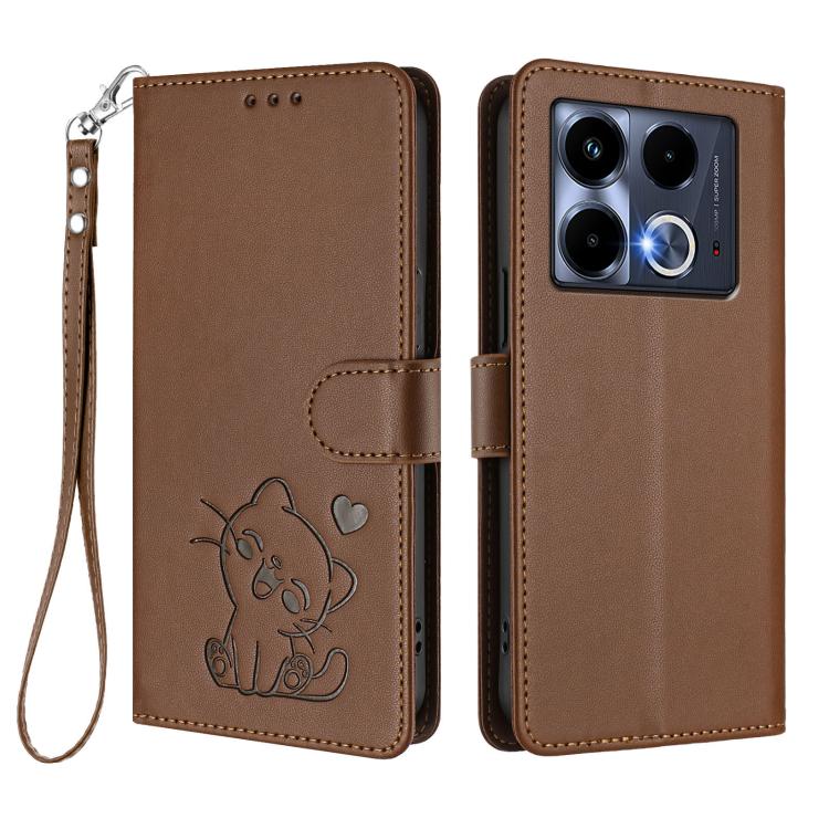 For Infinix Note 40 5G Embossed Heart Cat Leather Phone Case with Hand Strap