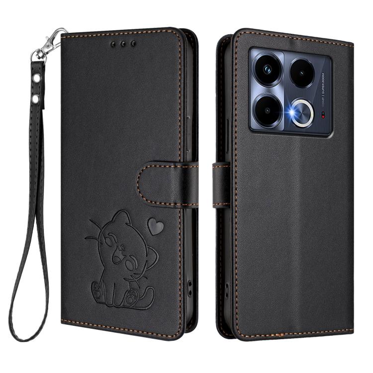 For Infinix Note 40 5G Embossed Heart Cat Leather Phone Case with Hand Strap