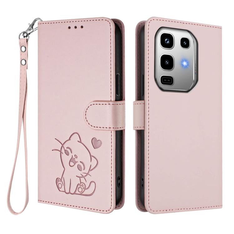 For Infinix Note 50 Pro 4G / 50 4G Embossed Heart Cat Leather Phone Case with Hand Strap