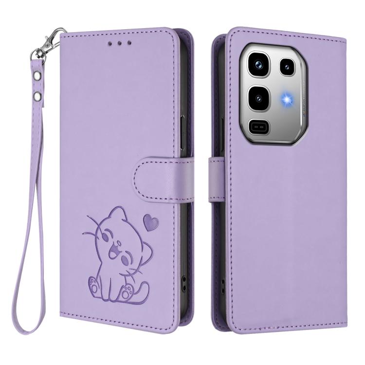 For Infinix Note 50 Pro 4G / 50 4G Embossed Heart Cat Leather Phone Case with Hand Strap