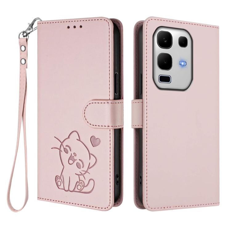 For Infinix Note 50s 5G Embossed Heart Cat Leather Phone Case with Hand Strap